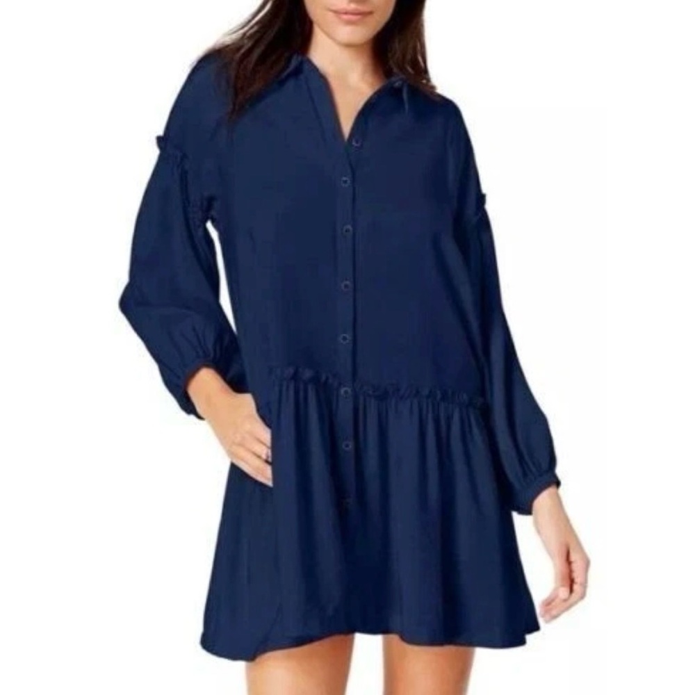 Free People XS Navy Blue Drop Waist Button Front Shirt Dress with Sheath